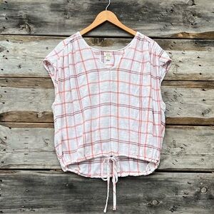 A New Approach White Pink Plaid Cinch Waist Short Sleeve Top Size XXL